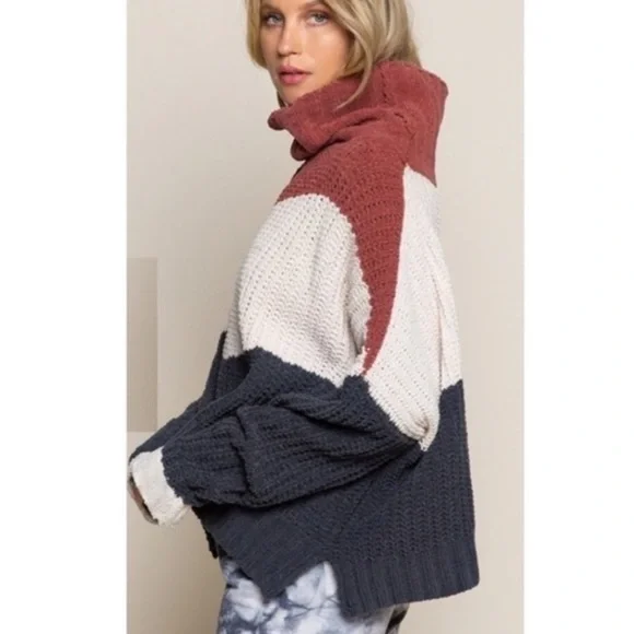 POL Chunky Cowl Neck Boxy Sweater Color Block Cream Rust Gray Women L oversize - Picture 2 of 8